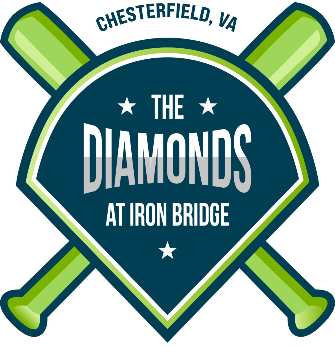 Diamonds at Iron Bridge Logo with diamond field in middle in navy blue with two green baseball bats crossing. White text that says The Diamonds at Iron Bridge.